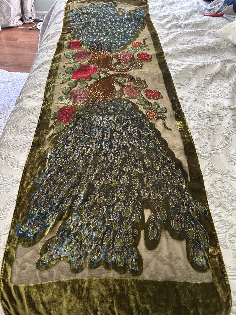 Embroidered Olive Green Velvet Wrap Scarf